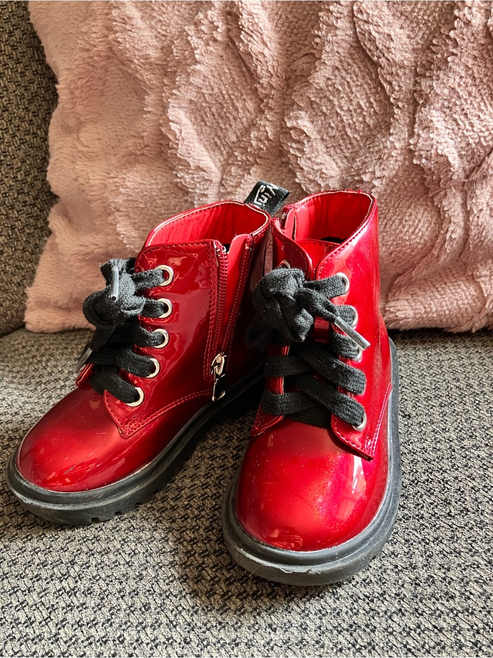 Children's Shiny Red Patent Lace-Up Boots with Side Zip